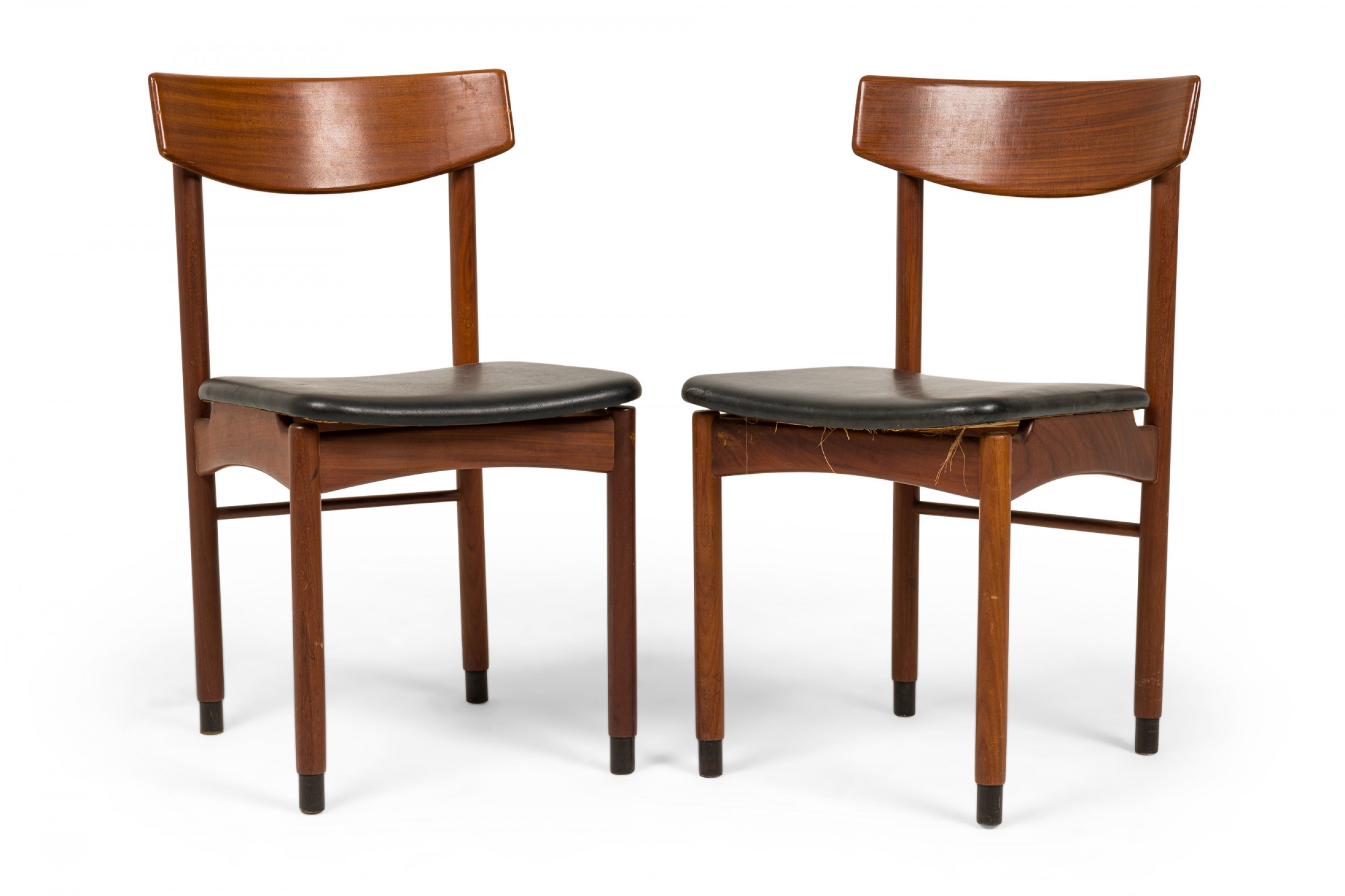 Set of 6 Italian Mid Century Teak and Black Faux Leather Side Dining Chairs